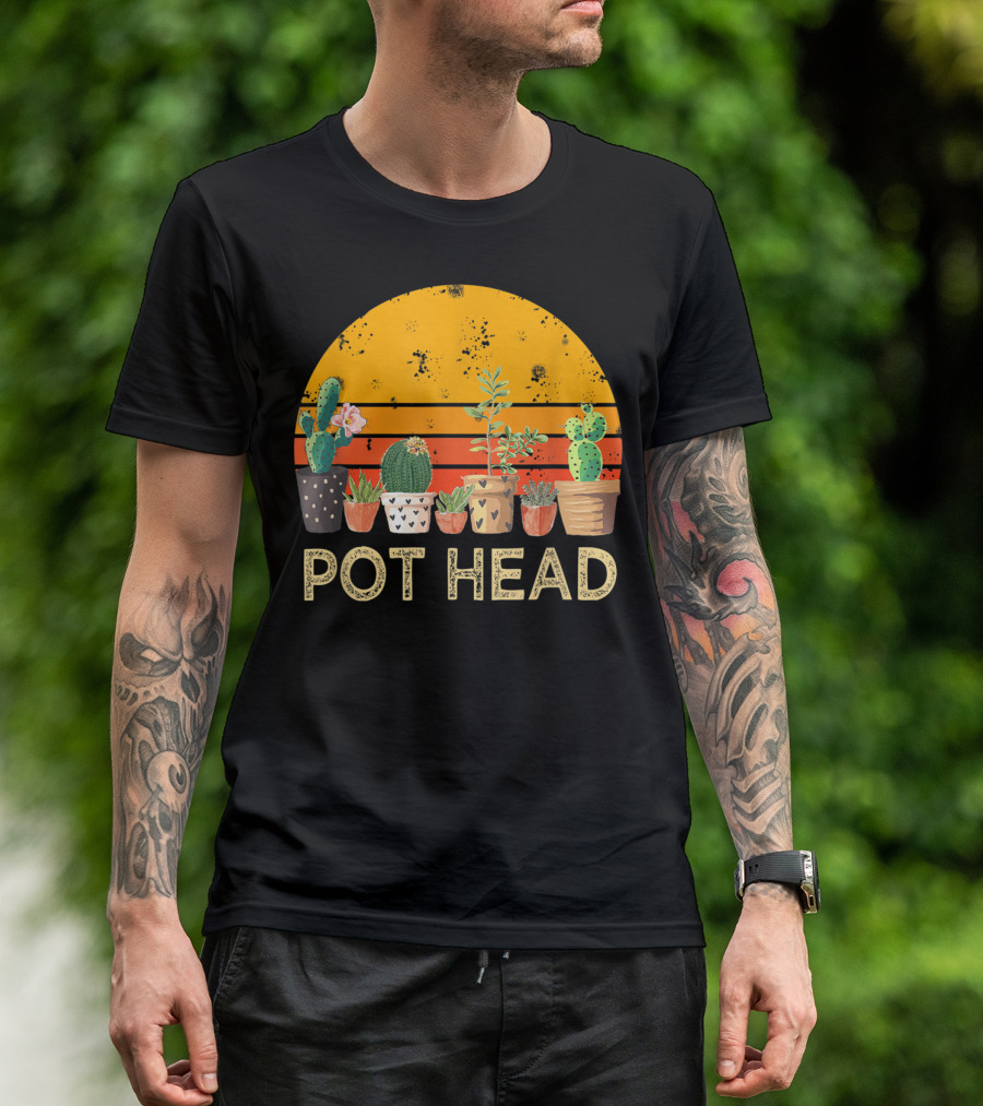 Pot Head Stone Flowers Cactus Vintage Sunset T-Shirt