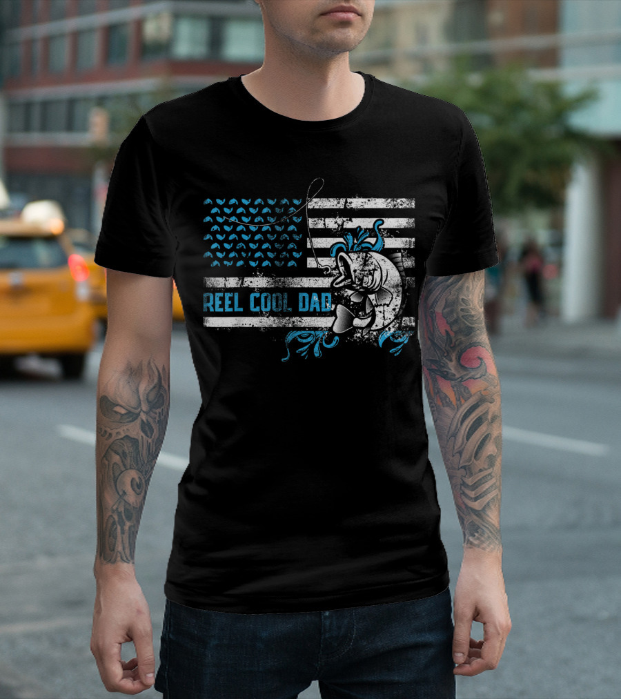 Reel Cool Dad Father's Day Fishing Funny Fisherman with American Flag and Cartoon Fish T-Shirt