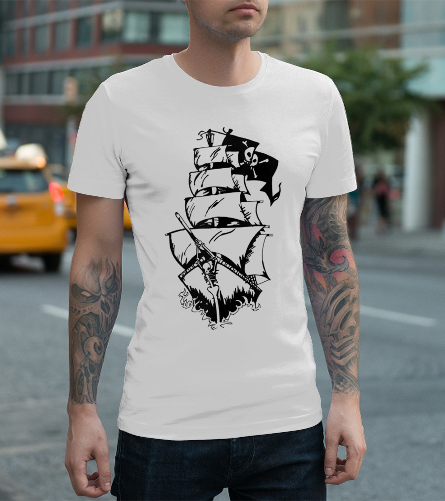Pirate Ship with Jolly Roger Flag and Skeleton Captain T-Shirt