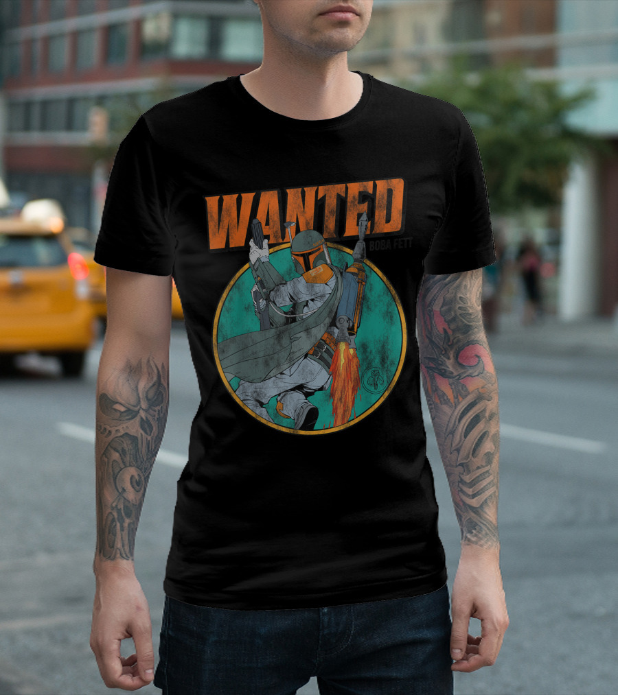 Wanted Boba Fett Star Wars Distressed Mandalorian Jetpack T-Shirt