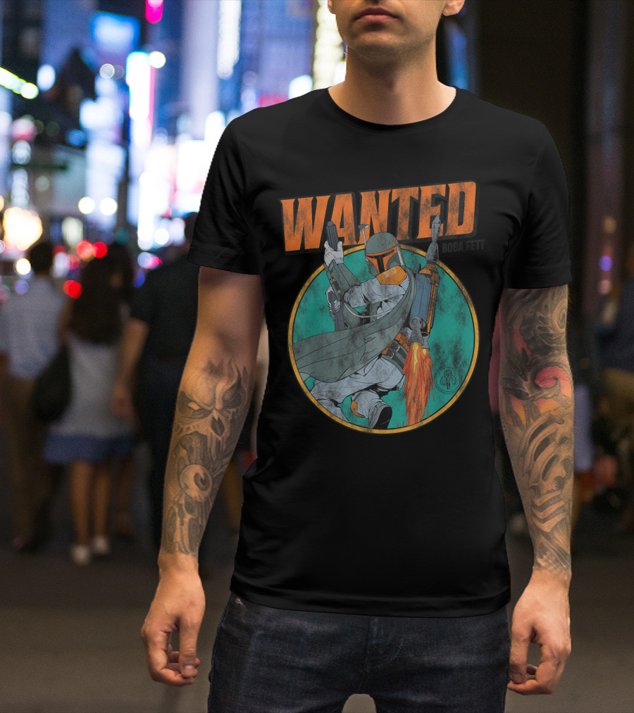 Wanted Boba Fett Star Wars Distressed Mandalorian Jetpack T-Shirt