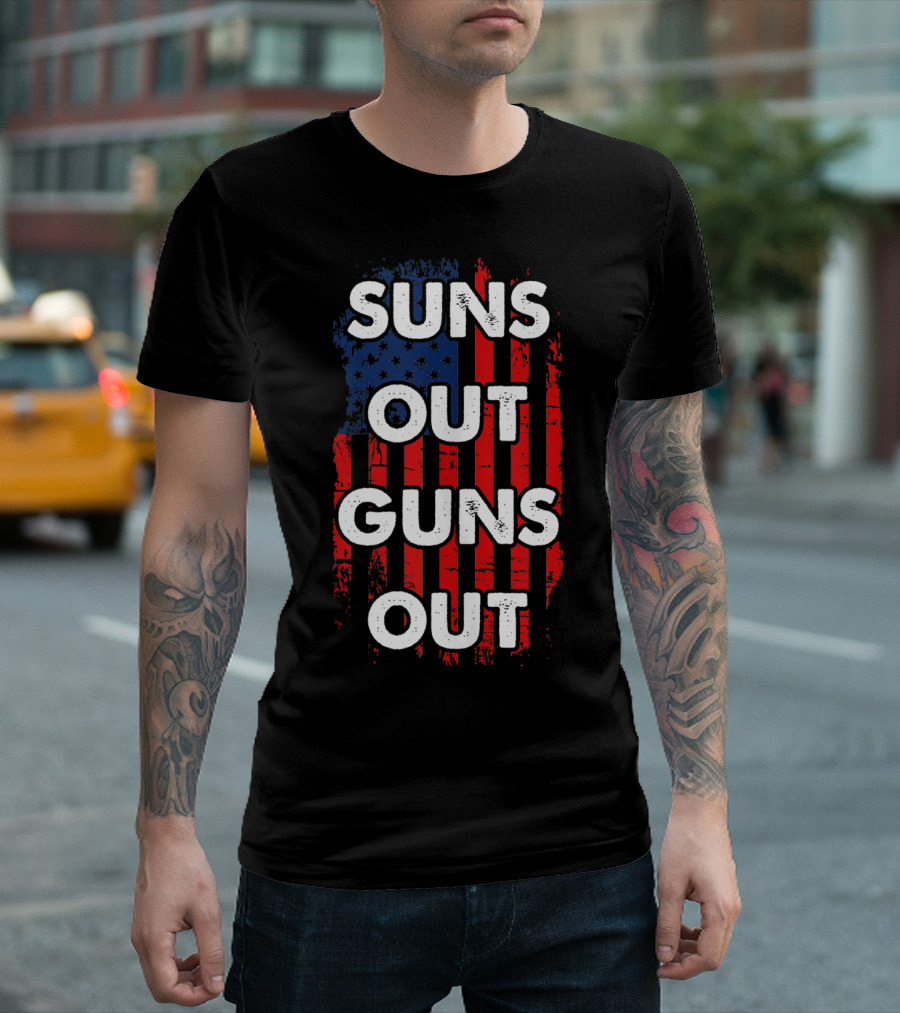 Suns Out Guns Out American USA Flag Sunsout Patriotic Red White Blue T-Shirt