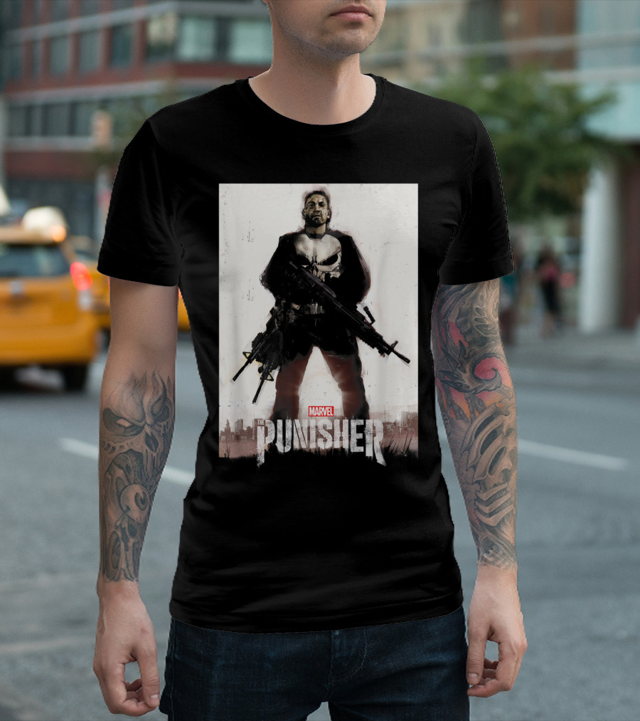 Marvel The Punisher Frank Castle One Man Army Standing With Weapons And Skull Emblem T-Shirt