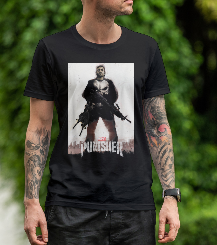 Marvel The Punisher Frank Castle One Man Army Standing With Weapons And Skull Emblem T-Shirt
