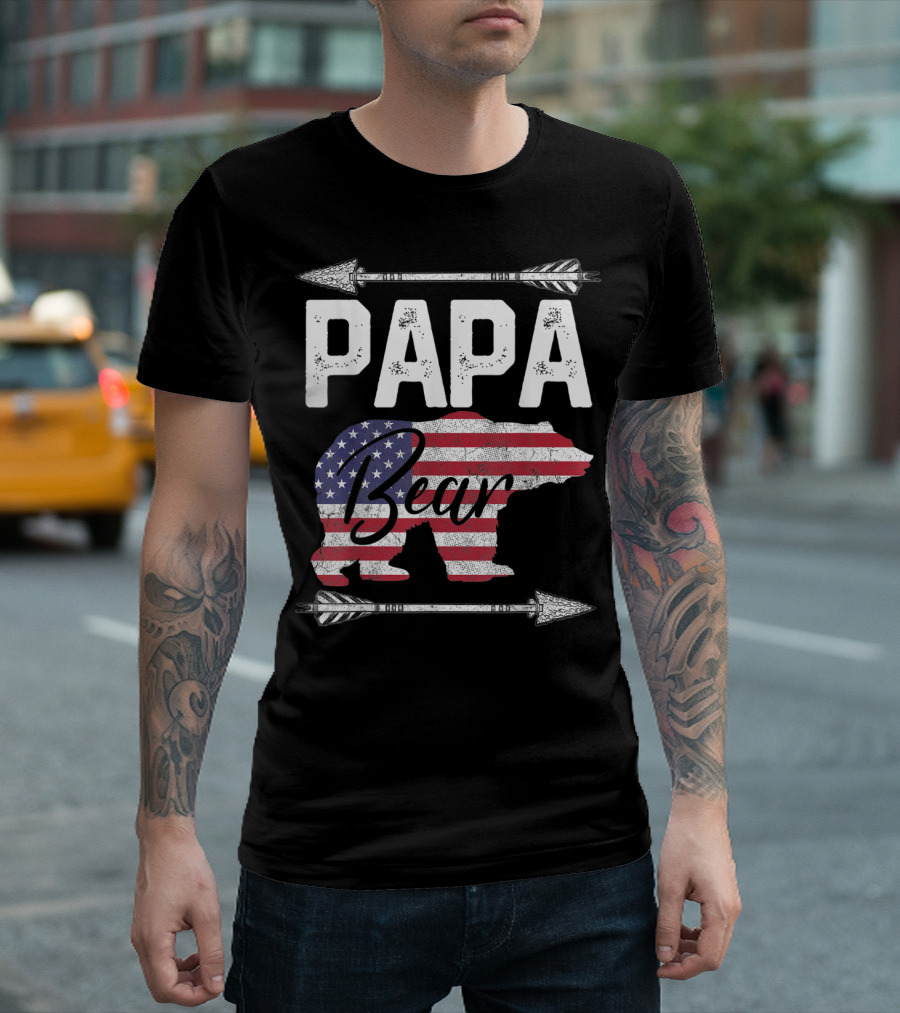 Mens Papa Bear American Flag 4th Of July Father's Day T-Shirt