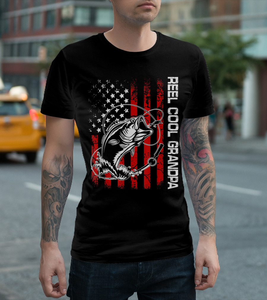 Reel Cool Grandpa American Flag Fishing Bass T-Shirt