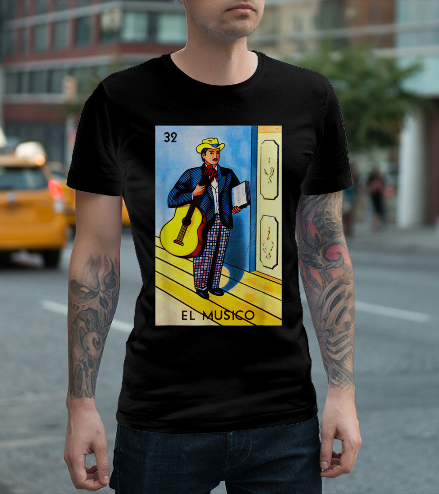 32 El Musico Mexican Loteria Card with Guitar and Sheet Music T-Shirt
