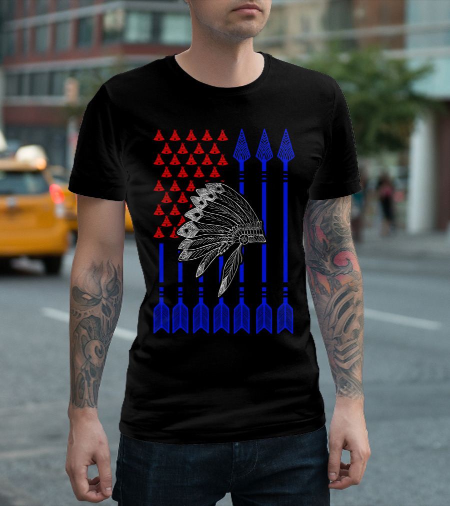 Native American Day Headdress Red Teepees Blue Arrows Flag T-Shirt
