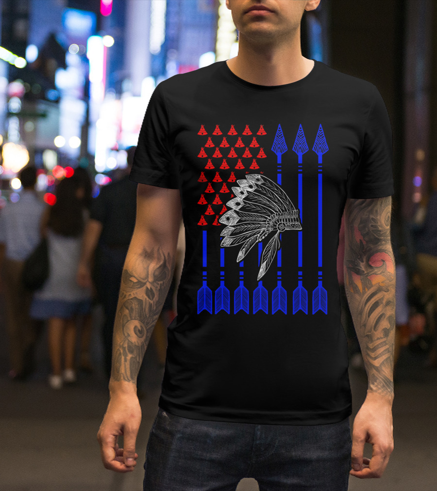 Native American Day Headdress Red Teepees Blue Arrows Flag T-Shirt