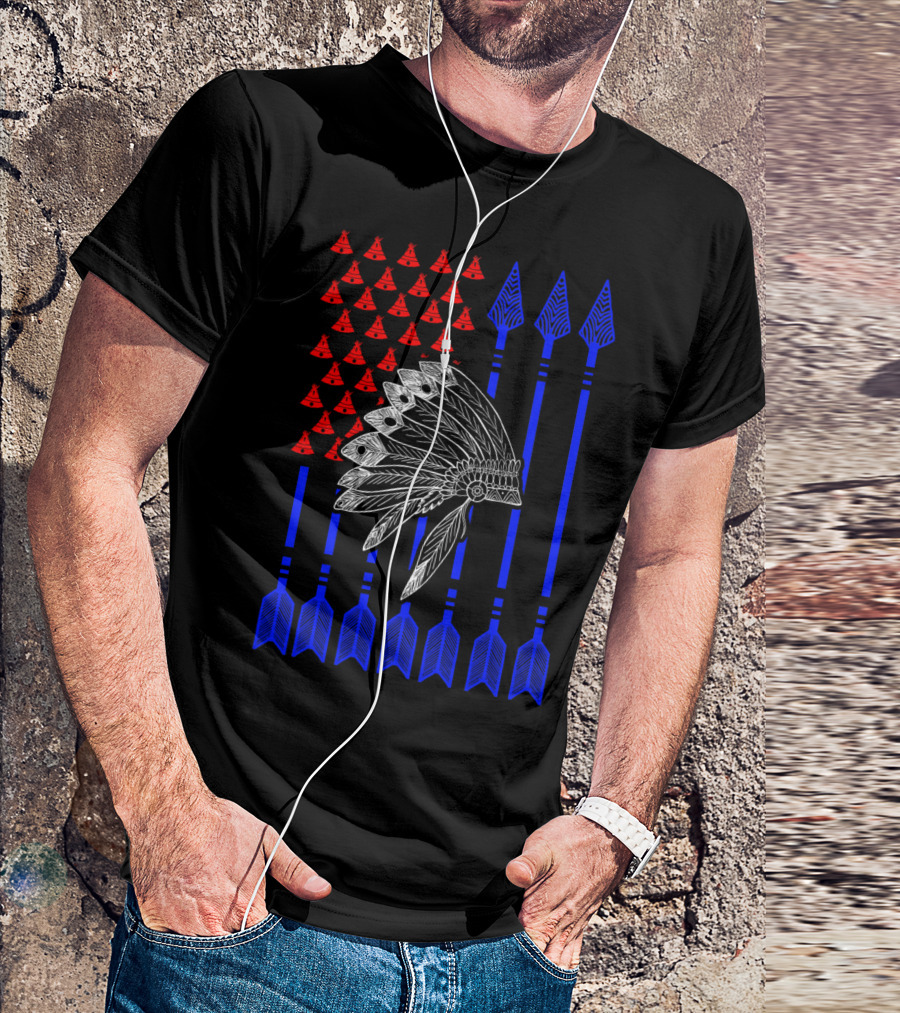 Native American Day Headdress Red Teepees Blue Arrows Flag T-Shirt