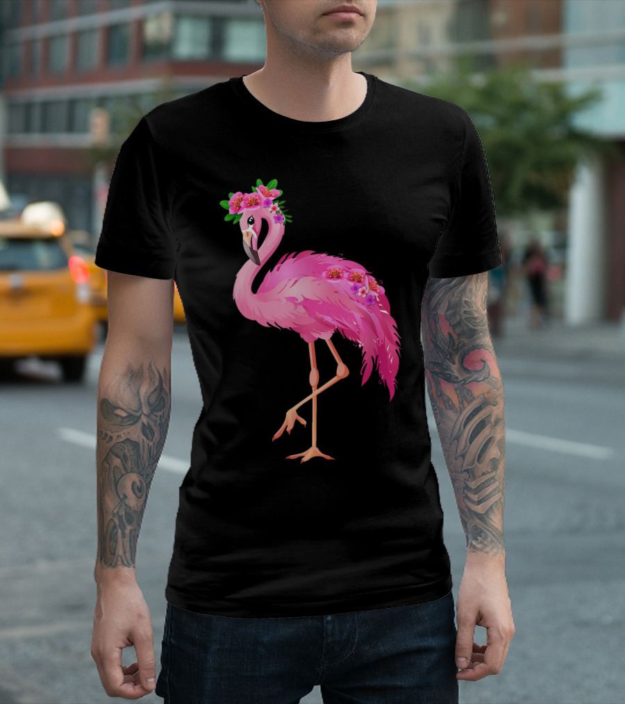 Pink Flamingo with Watercolor Hawaiian Flower Crown and Feathers T-Shirt