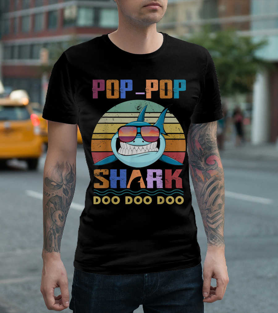 POP POP SHARK DOO DOO DOO Vintage Sunset Sunglasses Shark T-Shirt