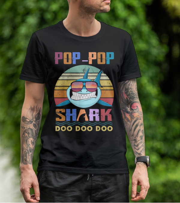 POP POP SHARK DOO DOO DOO Vintage Sunset Sunglasses Shark T-Shirt