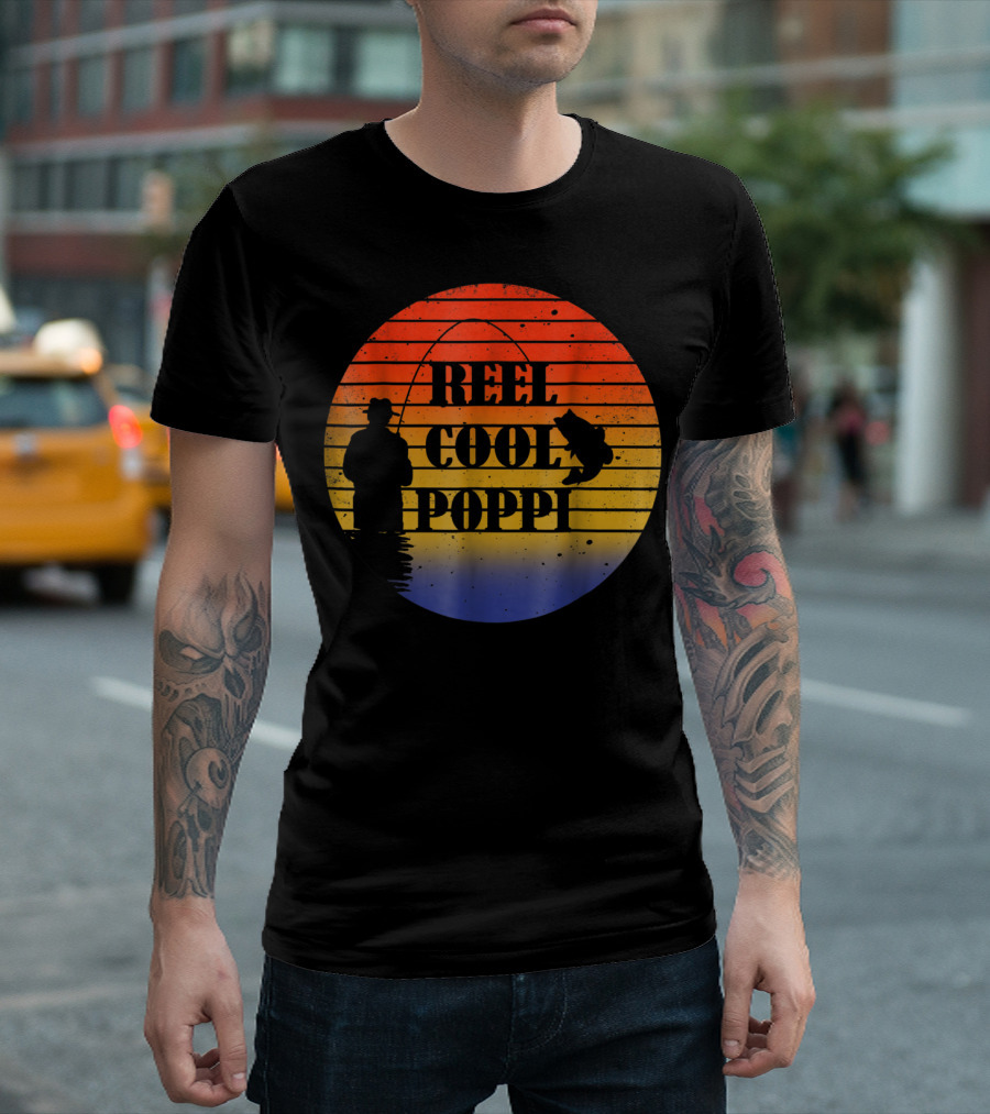 Reel Cool Poppi Silhouette Fishing Vintage Sunset T-Shirt