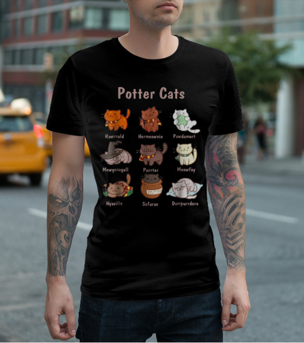 Potter Cats Rawrnald Hermeownie Pawdamort Mewgonagall Purrter Meowfoy Nyaville Sefurus Dumpurrdore Funny Cat Lovers T-Shirt