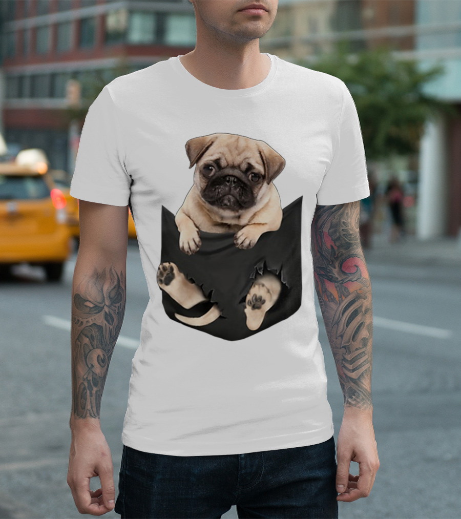 Pug Peeking Out of Pocket with Paws Poking Through T-Shirt