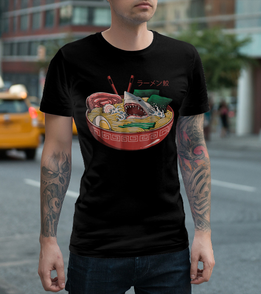 Ramen Shark Noodle Bowl Kaiju Monster Comic T-Shirt