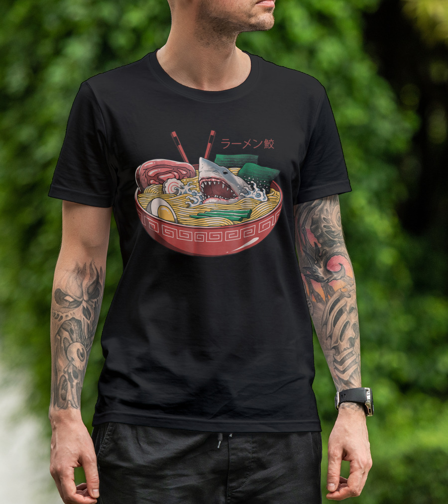 Ramen Shark Noodle Bowl Kaiju Monster Comic T-Shirt