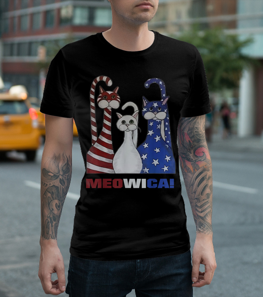 MEOWICA Red White Blue Cat American Flag Patriotic T-Shirt