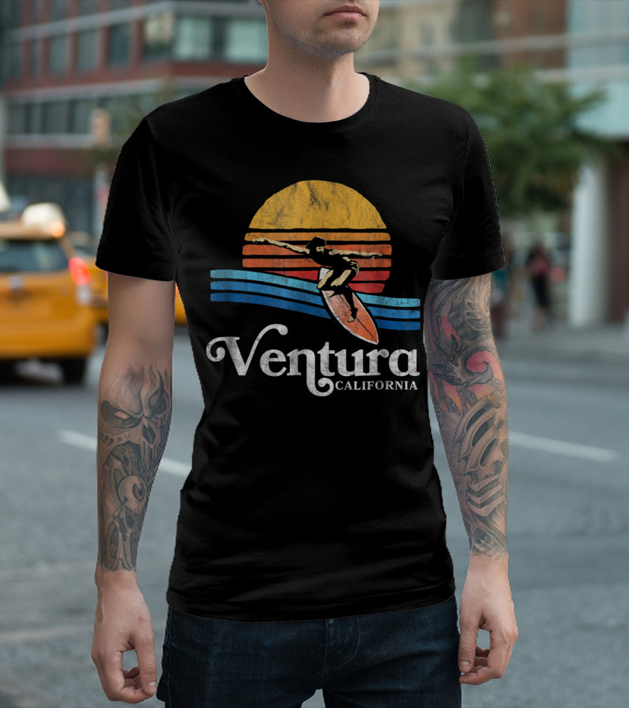 Ventura California Retro Eighties Surfer Beach Bum Vintage Sunset Waves T-Shirt