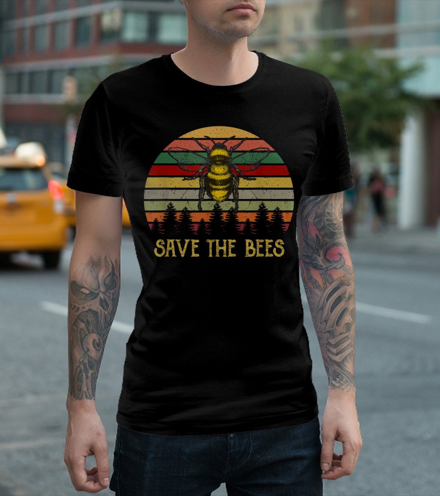 Save The Bees Retro Stripes Earth Day Forest Conservation T-Shirt