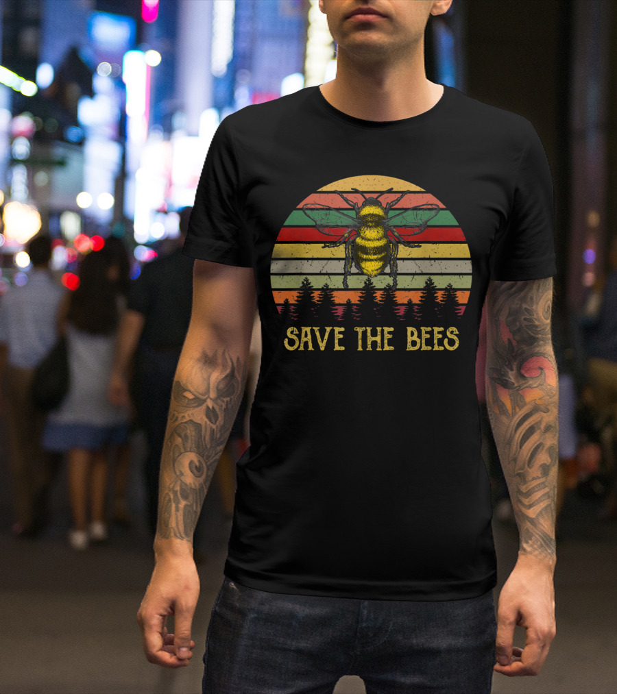 Save The Bees Retro Stripes Earth Day Forest Conservation T-Shirt