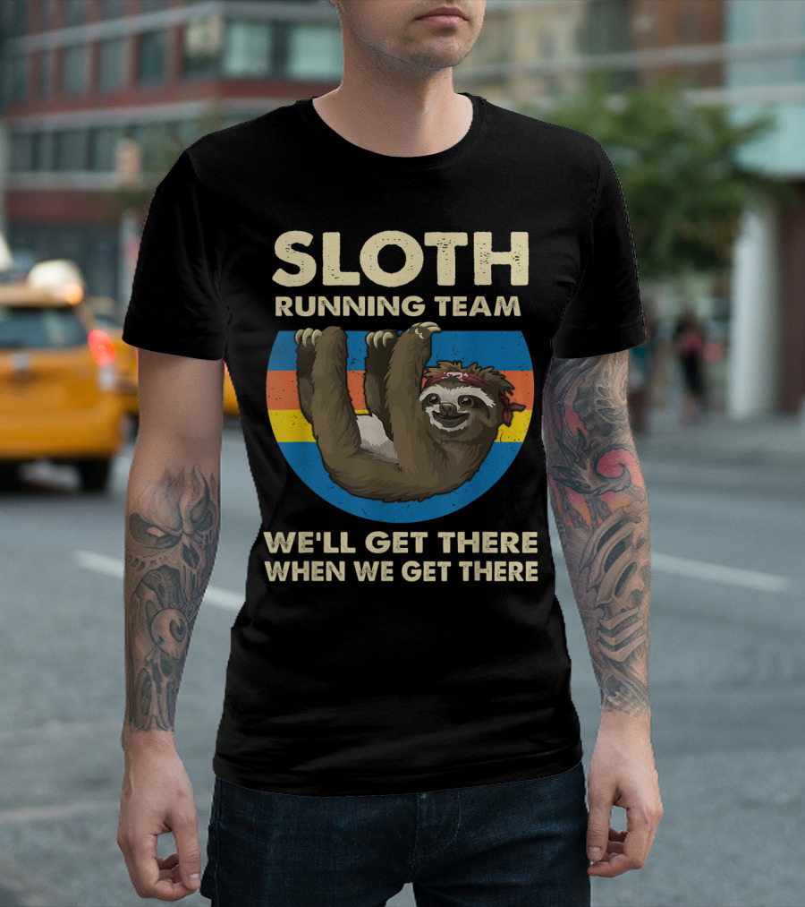 Sloth Running Team Vintage Sunset We'll Get There When We Get There T-Shirt
