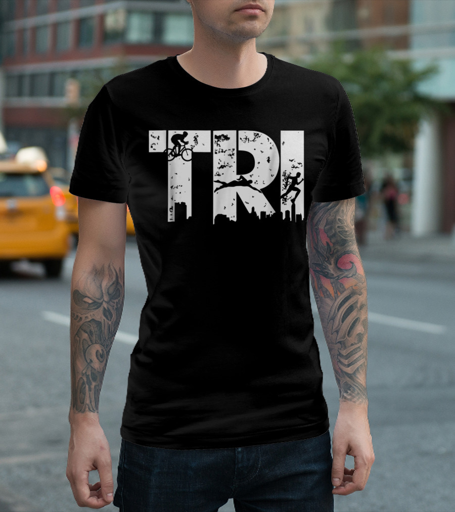 Triathlon Endurance Sports Triathlete Cycling Swimming Running Skyline T-Shirt