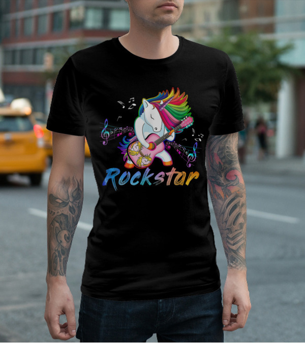 Unicorn Rockstar Rainbow Guitar Music Notes T-Shirt