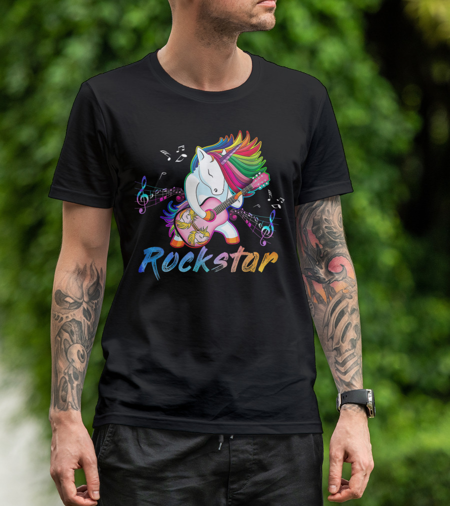 Unicorn Rockstar Rainbow Guitar Music Notes T-Shirt