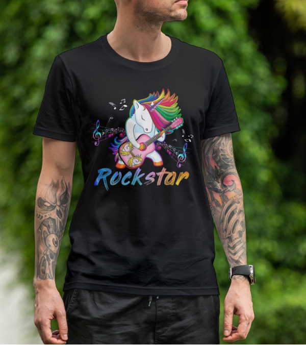 Unicorn Rockstar Rainbow Guitar Music Notes T-Shirt