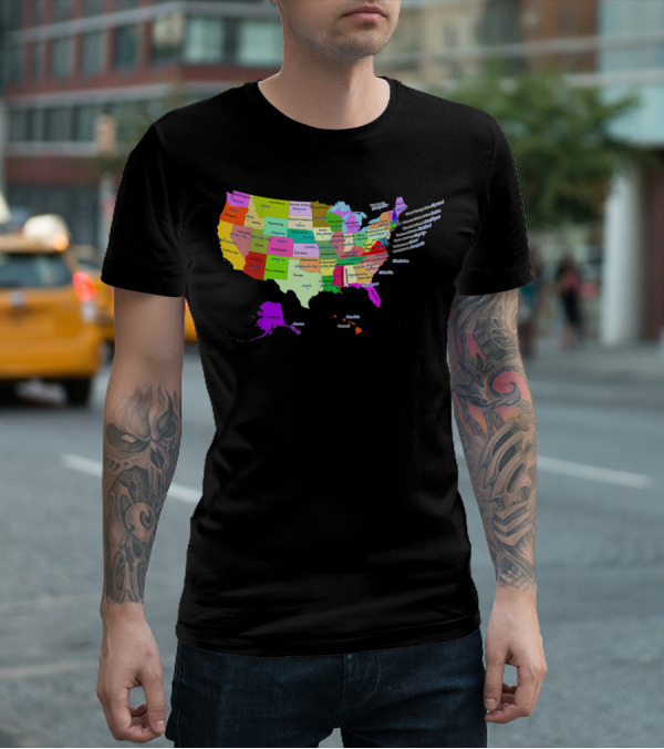 USA Map Displaying States And Capital Cities In Vibrant Colors T-Shirt