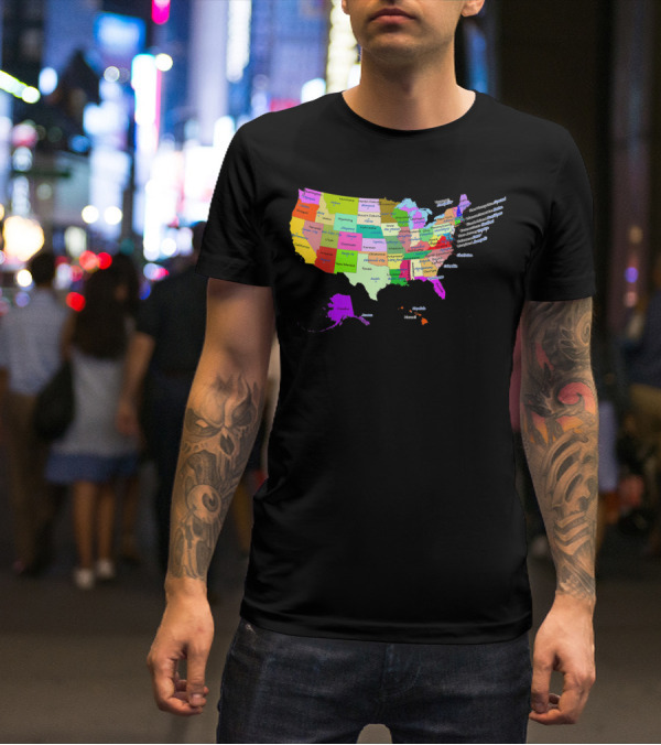 USA Map Displaying States And Capital Cities In Vibrant Colors T-Shirt