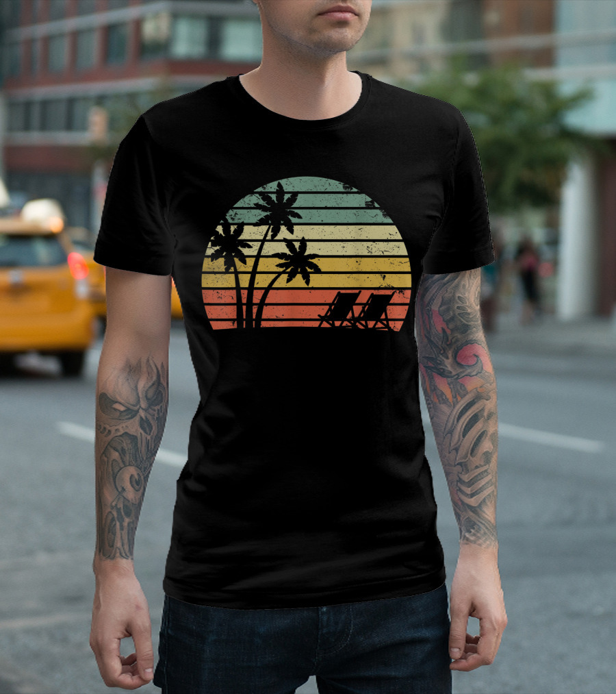 Retro Sunset Palm Trees With Beach Chair T-Shirt