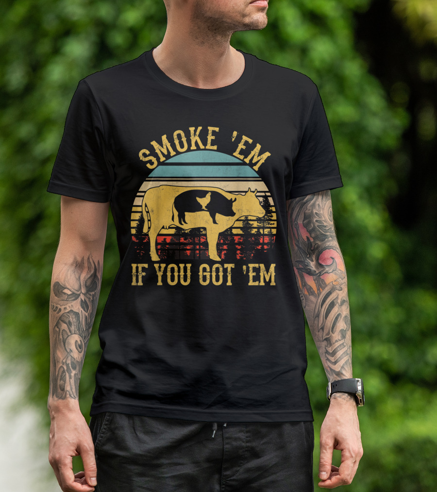 Smoke 'Em If You Got 'Em Vintage BBQ Grilling Cow Silhouette Retro Sunset T-Shirt