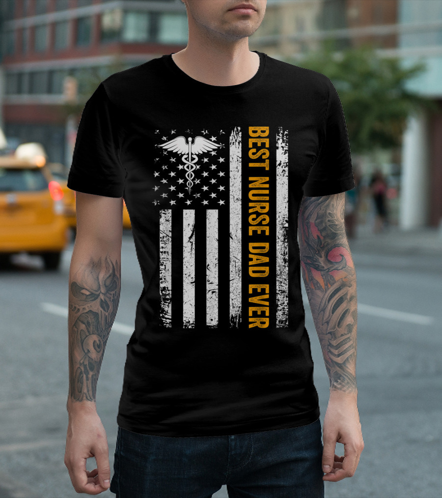 Vintage USA Best Nurse Dad Ever American Flag T-Shirt
