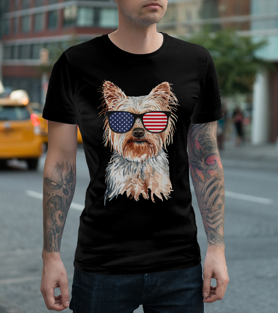 Yorkie Dog with American Flag Sunglasses Patriotic T-Shirt