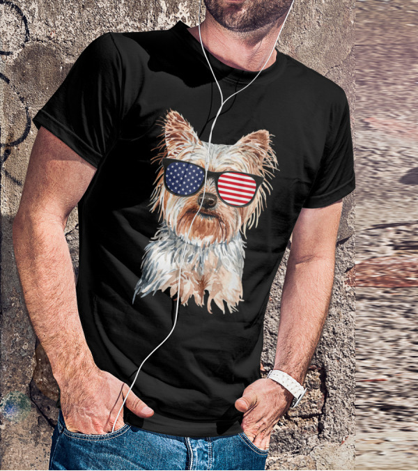 Yorkie Dog With American Flag Sunglasses Patriotic T-Shirt