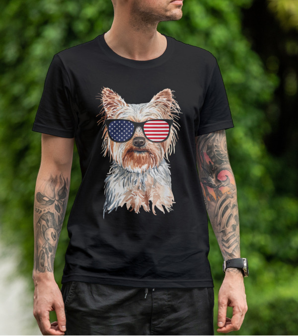 Yorkie Dog With American Flag Sunglasses Patriotic T-Shirt