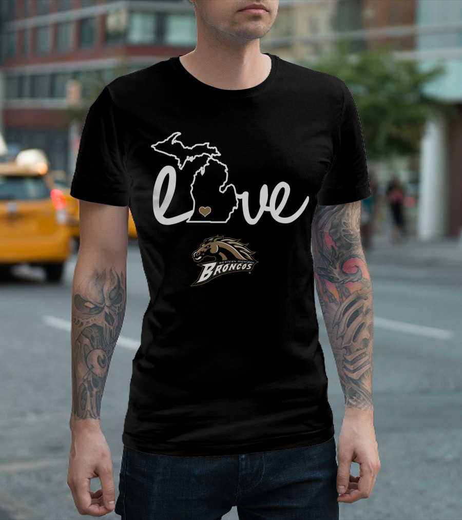 Western Michigan Broncos Love Michigan Map Heart T-Shirt