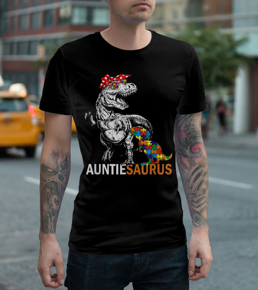 Auntie Saurus Autism Awareness Dinosaur with Puzzle Pieces and Bow T-Shirt