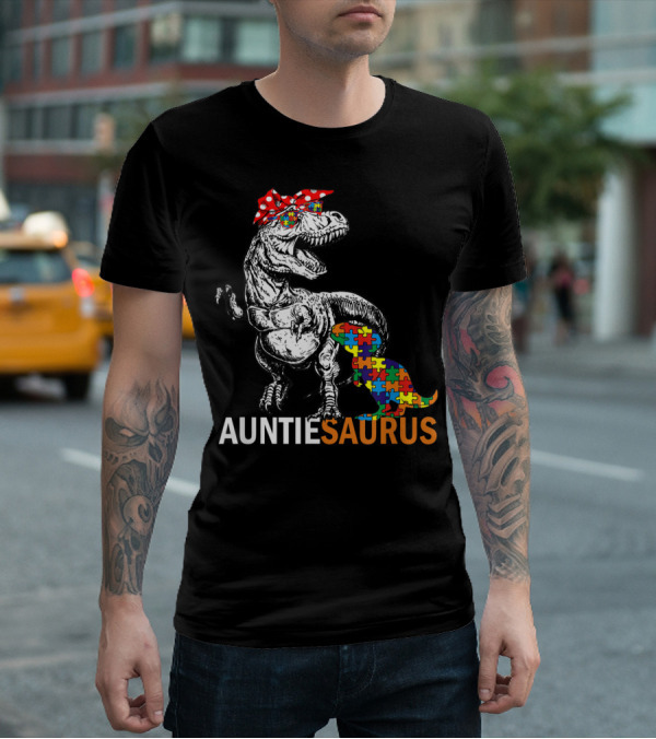 Auntie Saurus Autism Awareness Dinosaur With Puzzle Pieces And Bow T-Shirt