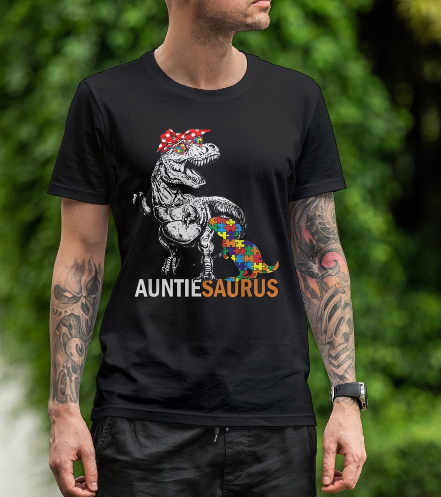 Auntie Saurus Autism Awareness Dinosaur With Puzzle Pieces And Bow T-Shirt