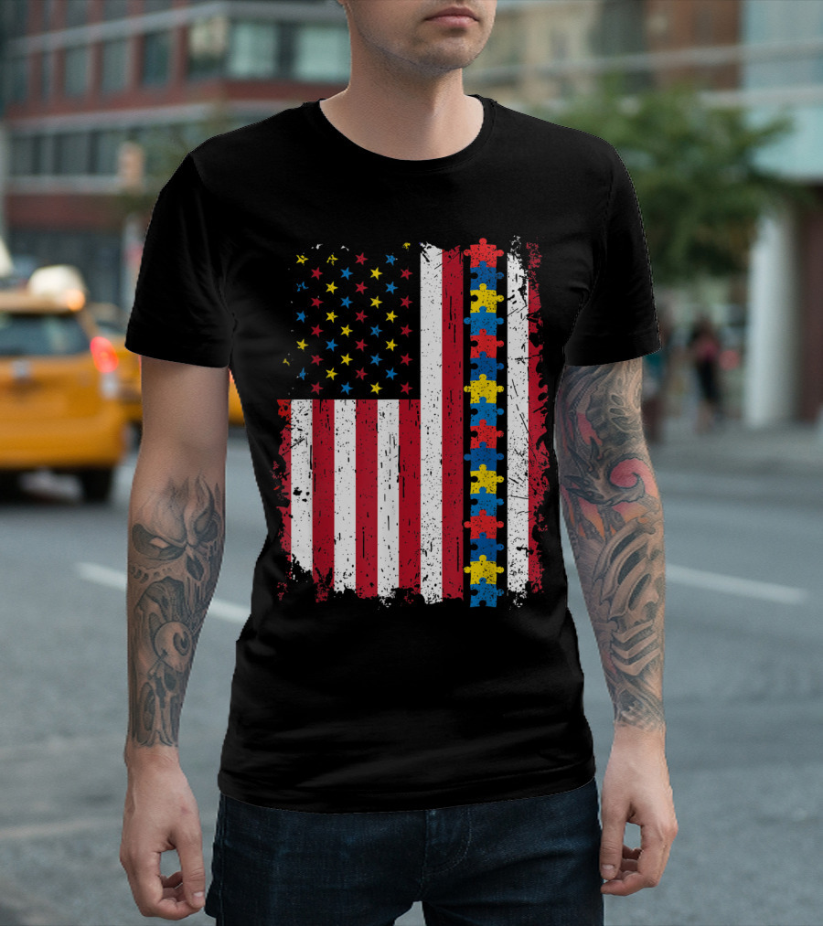 Autism Puzzle Piece 4th Of July American Flag USA Patriotic T-Shirt