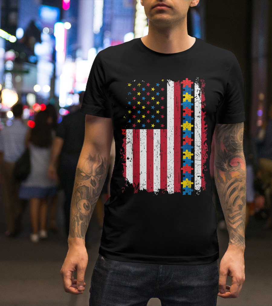 Autism Puzzle Piece 4th Of July American Flag USA Patriotic T-Shirt