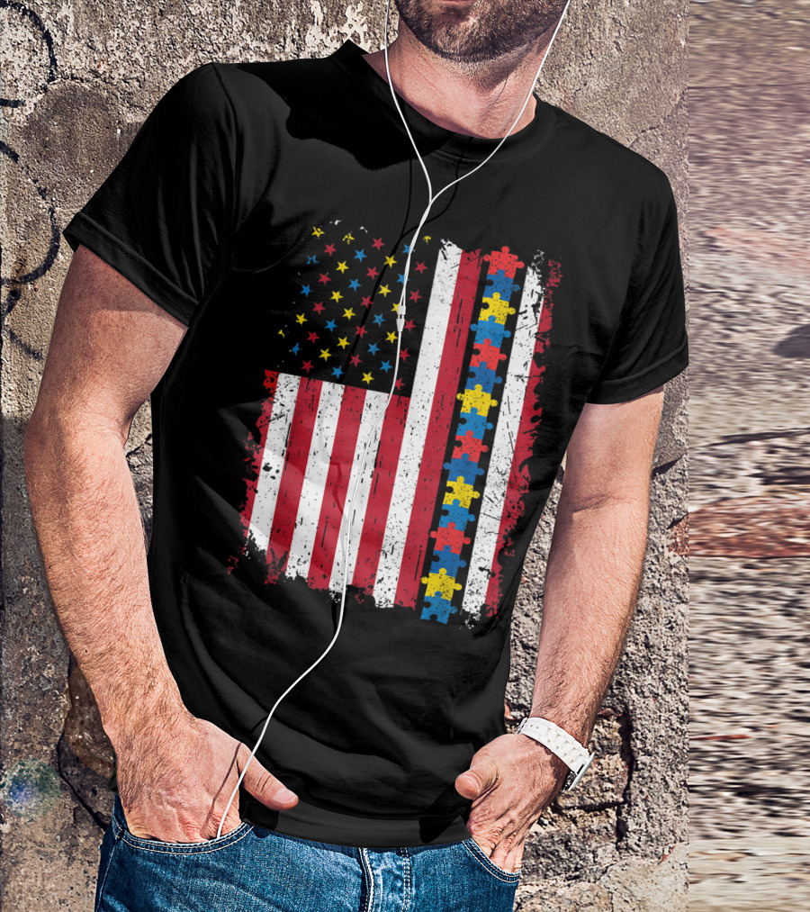 Autism Puzzle Piece 4th Of July American Flag USA Patriotic T-Shirt