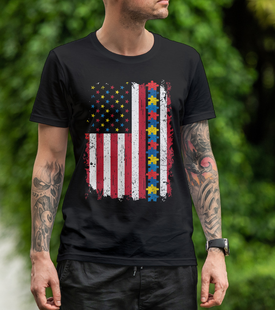 Autism Puzzle Piece 4th Of July American Flag USA Patriotic T-Shirt
