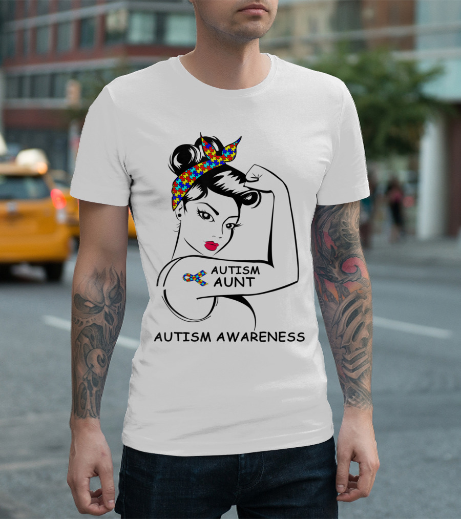 Autism Aunt Awareness Strong Puzzle Ribbon Rosie T-Shirt