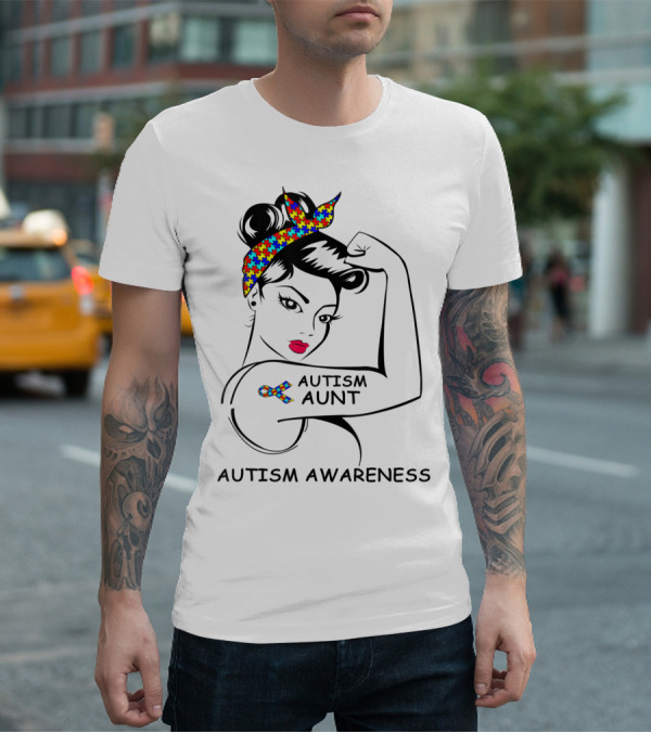 Autism Aunt Awareness Strong Puzzle Ribbon Rosie T-Shirt