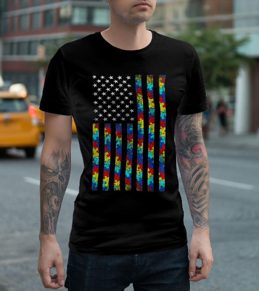 Autism Awareness Puzzle Piece American Flag T-Shirt